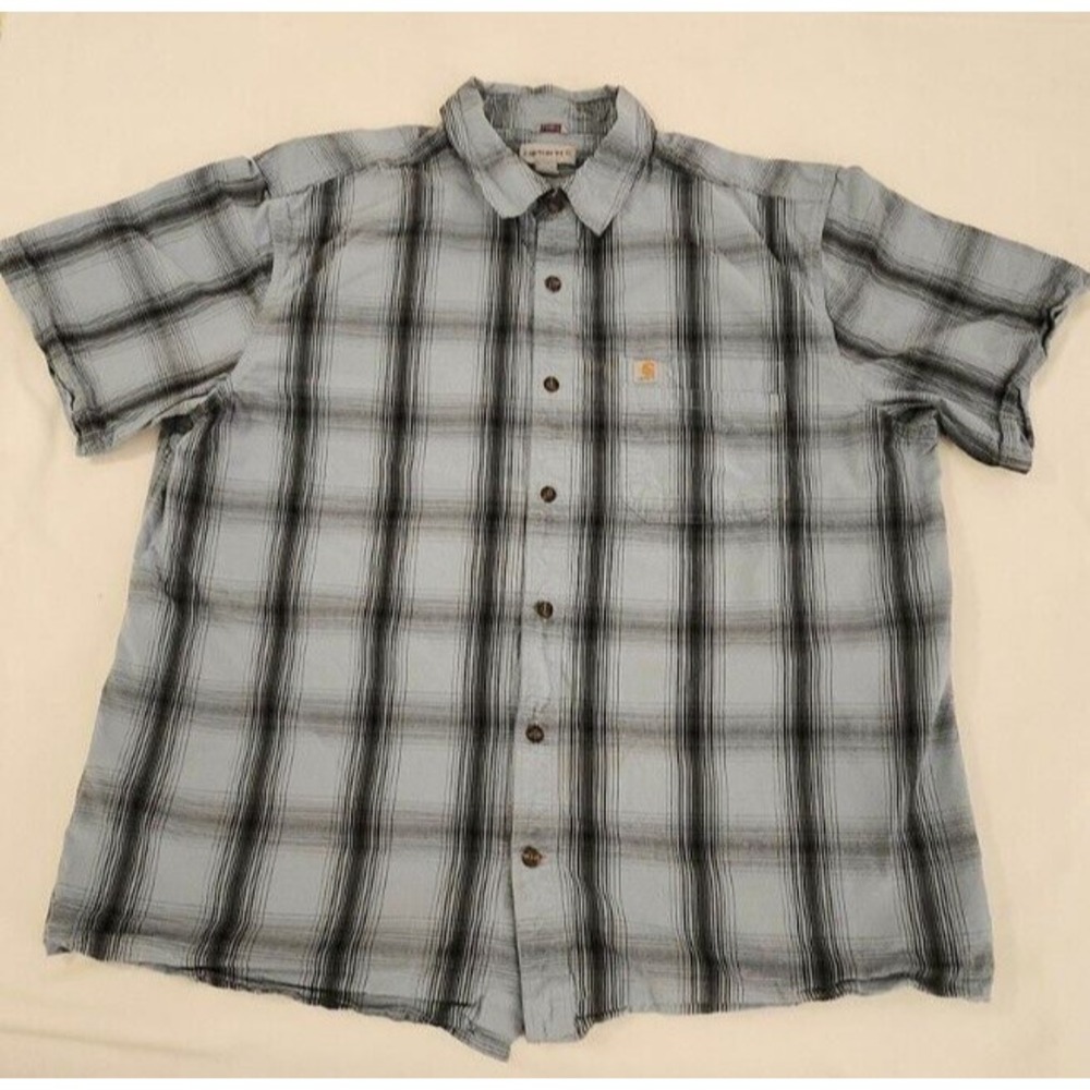 Carhartt Button Down Men Shirt XL Short Sleeve‎ Blue Plaid Pocket Outdoor Work